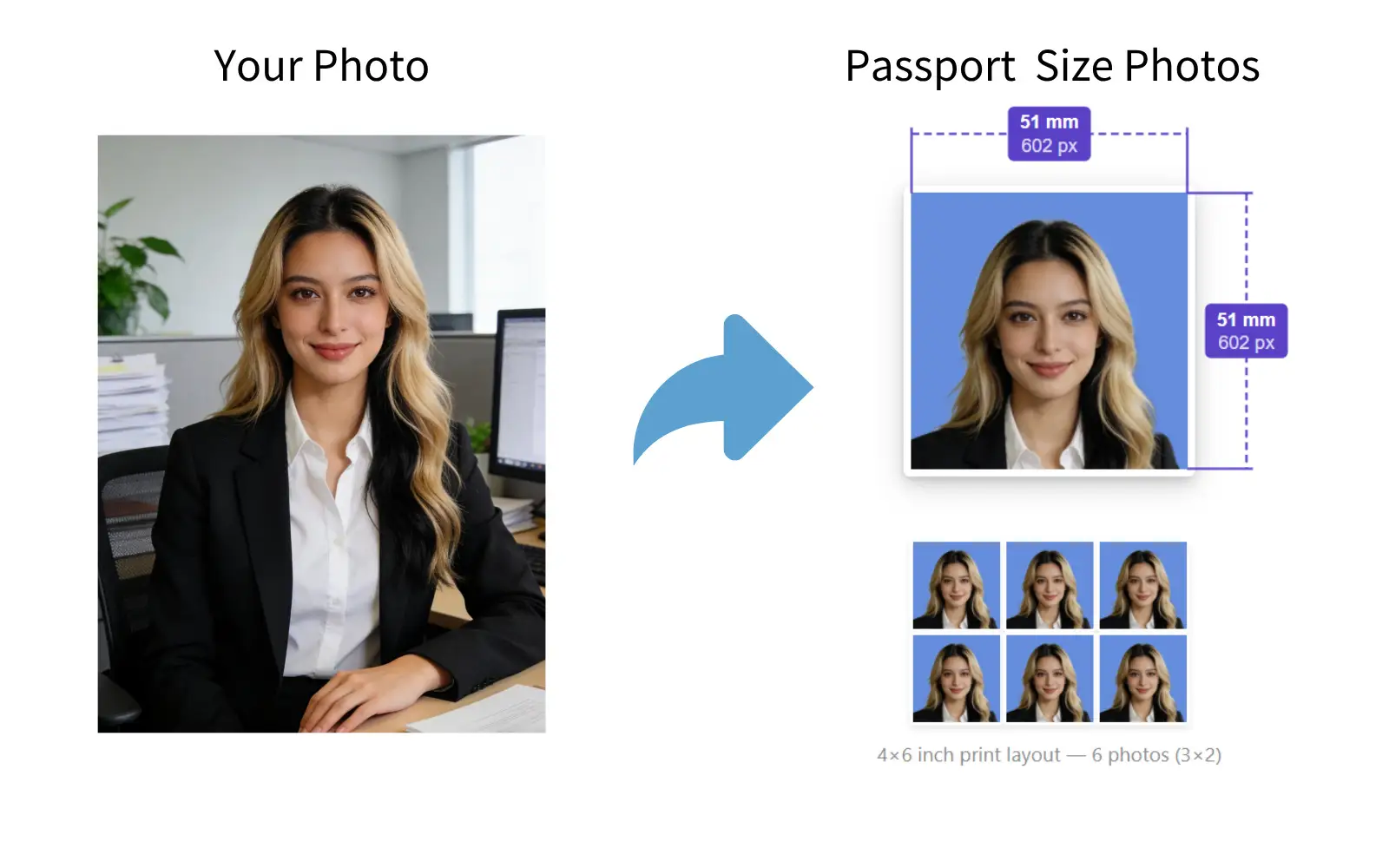 Create compliant passport photos online - AI-powered passport photo maker showing before and after background removal